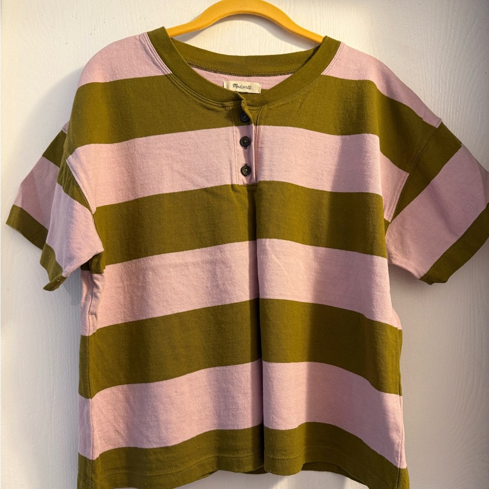 EUC Madewell Lavender & Olive Green Striped Short Sleeve Button Tee Size L